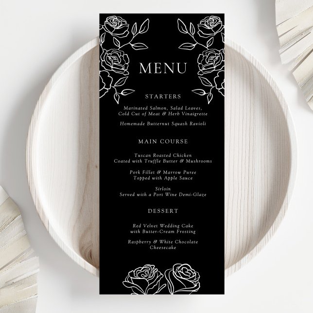 Premium Black And White French Roses Wedding Menu (Creator Uploaded)