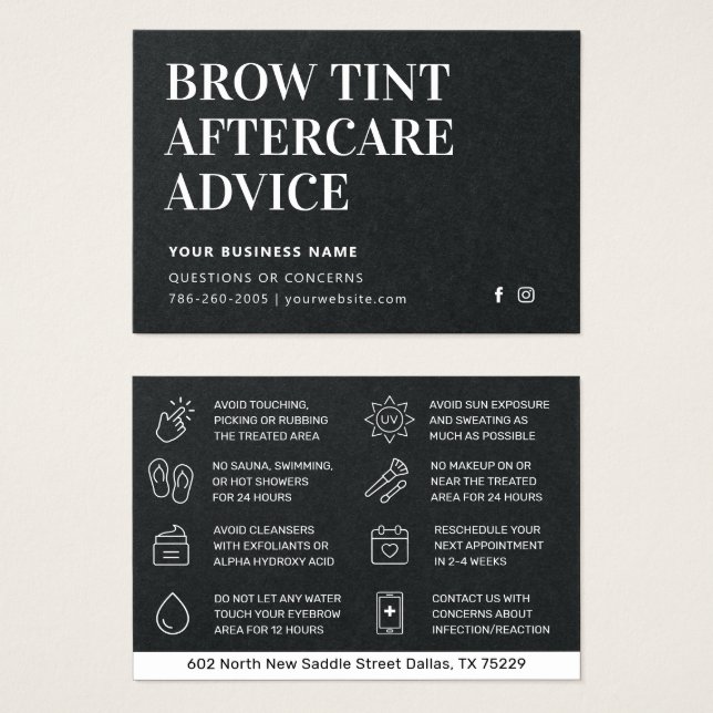 Premium Black Brow Tint Aftercare Card (Front & Back)