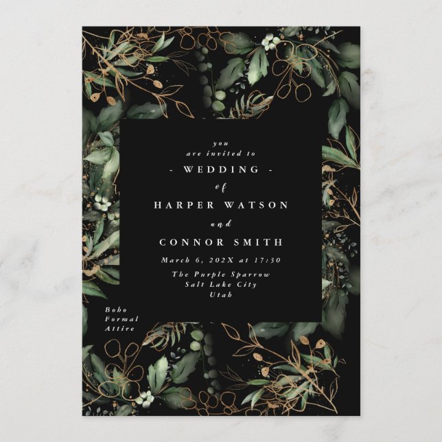 Premium Black Gold Botanical Eucalyptus Elegant Invitation (Front)