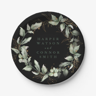 Premium Black Gold Botanical Eucalyptus Greenery Paper Plate