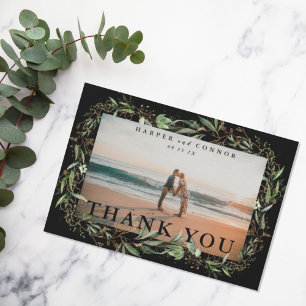 Premium Black Gold Botanical Eucalyptus Photo Thank You Card