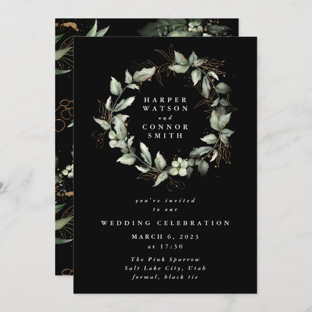 Premium Black Gold Eucalyptus Wreath Greenery Moss Invitation (Front/Back)