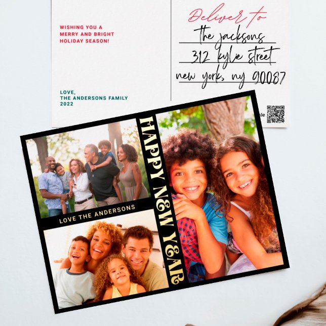 PREMIUM BLACK Gold HAPPY NEW YEAR MULTI Photo Foil Holiday Postcard (Creator Uploaded)