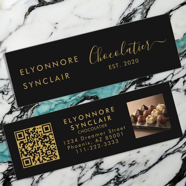 Premium Black Gold Script Chocolatier QR Code Mini Business Card (Creator Uploaded)