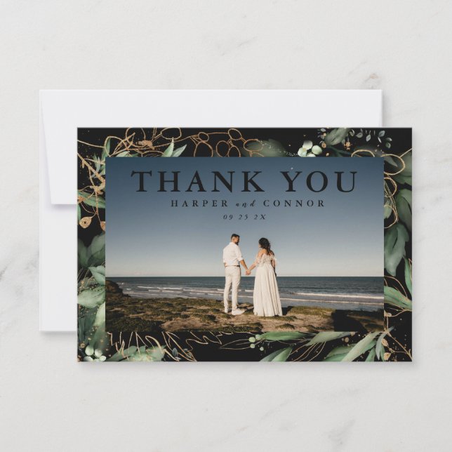 Premium Black Greenery Botanical Eucalyptus Photo Thank You Card (Front)