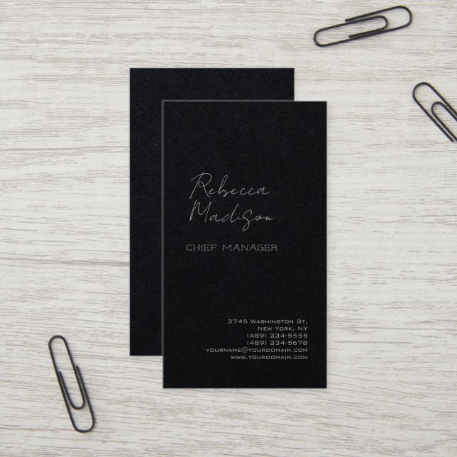 Premium Black Modern Minimalist Handwritten Script Business Card (Front/Back In Situ)