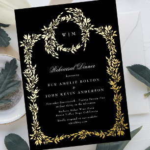 Premium Black Monogram Gold Crest Rehearsal Dinner