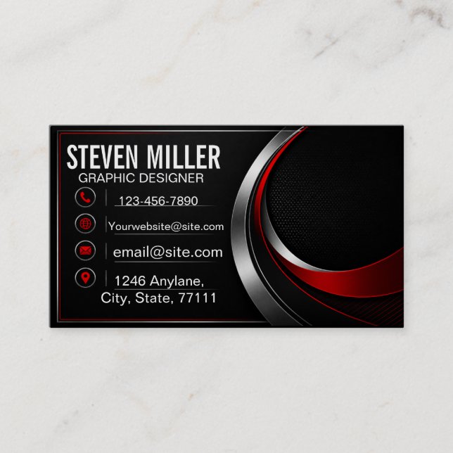 Premium Black, Red & Silver Modern Business Card  (Front)