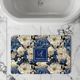 Premium Blue White Flowers Custom Name Bath Mat