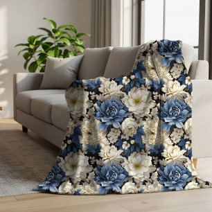 Premium Blue White Ivory Floral Cosy Throw Blanket