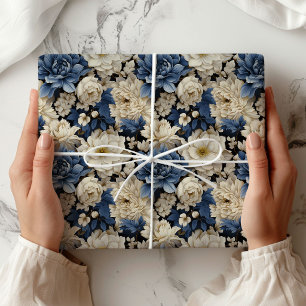 Premium Blue White Ivory Floral Luxury Wrapping  Paper