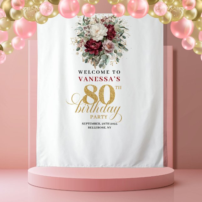 Premium Blush Floral 80th Birthday Backdrop Tapestry (Premium Blush Floral 80th Birthday Backdrop)