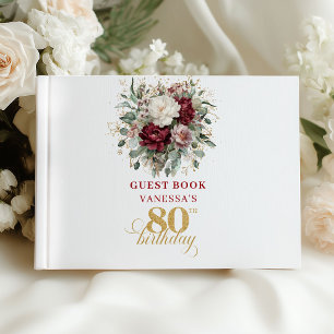 Premium Deep Red Floral 80th Birthday Guest Book