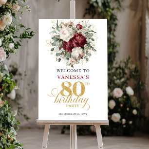 Premium Deep Red Floral 80th Birthday Welcome Sign
