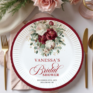 Premium Deep Red Floral Bridal Shower Paper Plates