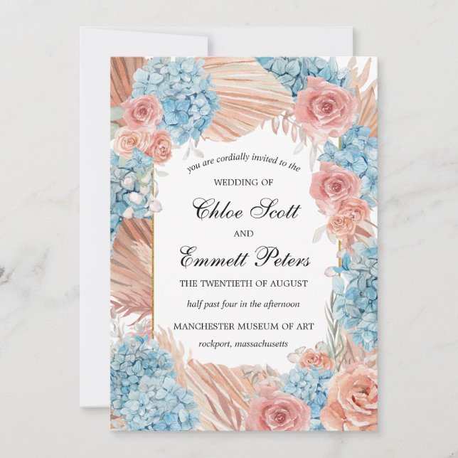 Premium Dusty Rose Blue Hydrangea Wedding Invitation (Front)