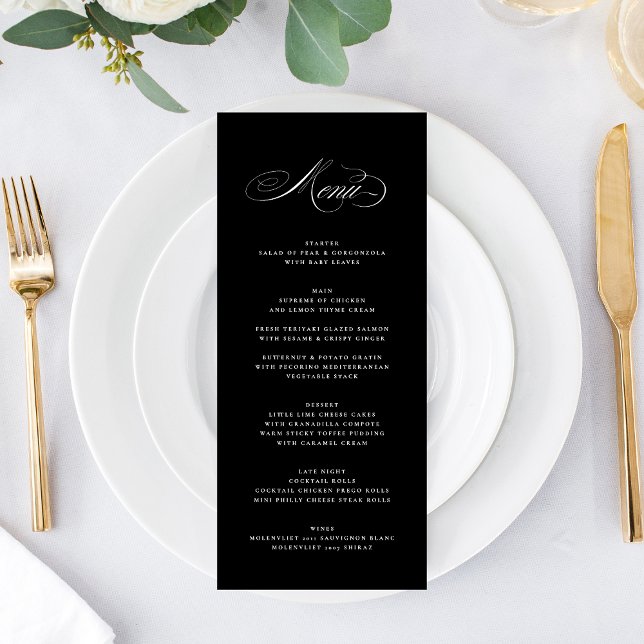 Premium Elegant Calligraphy Black Tie Wedding Menu (Creator Uploaded)