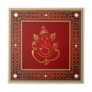Premium Gold Lord Ganesha Mandala Round Sticker Tile