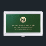 Premium Green Leather Gold Monogram Business Card Holder<br><div class="desc">Show off your style and sophistication with this premium green leather look business card case featuring a luxurious gold monogram. Featuring a brushed gold monogram medallion with your name company and title in classic block typography, this case is a great way to keep your business cards organised and protected. The...</div>