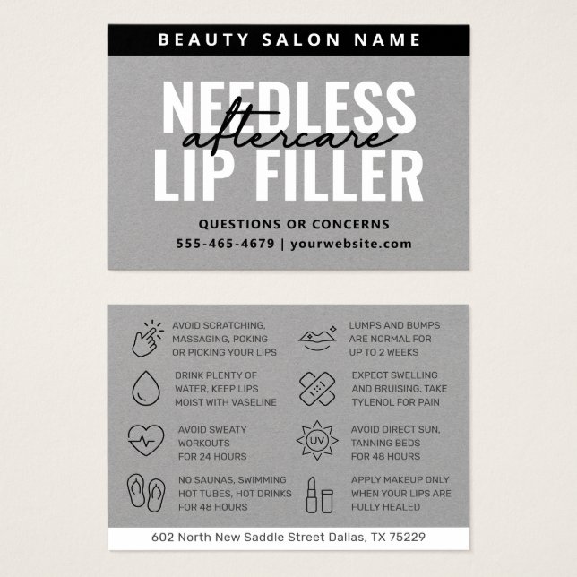 Premium Grey Needles Lips Filler Aftercare Card (Front & Back)