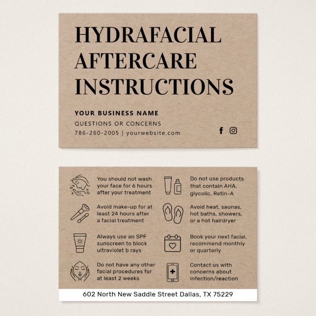 Premium Kraft HydraFacial Aftercare Advice Card (Front & Back)