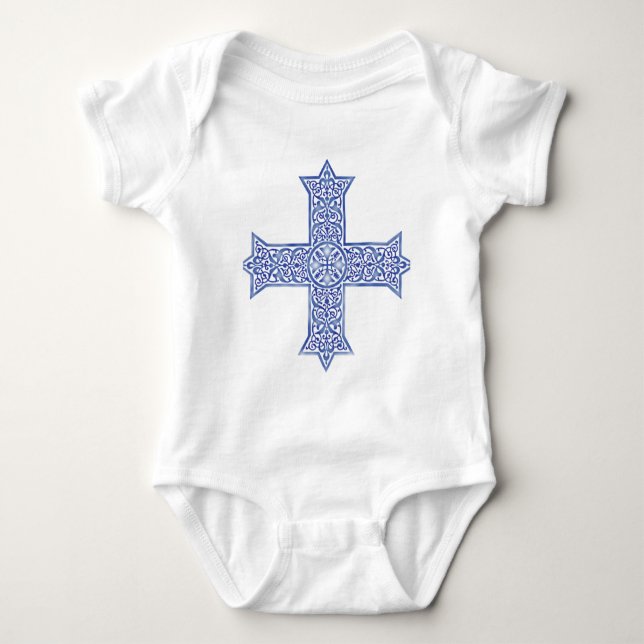 Premium Lapis Blue Coptic Cross Art Baby Bodysuit (Front)
