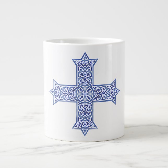 Premium Lapis Blue Coptic Cross Art Large Coffee Mug (Front)