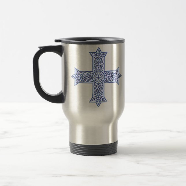 Premium Lapis Blue Coptic Cross Art Travel Mug (Left)