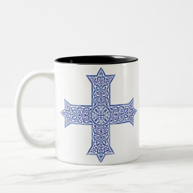 Premium Lapis Blue Coptic Cross Art Two-Tone Coffee Mug (Left)