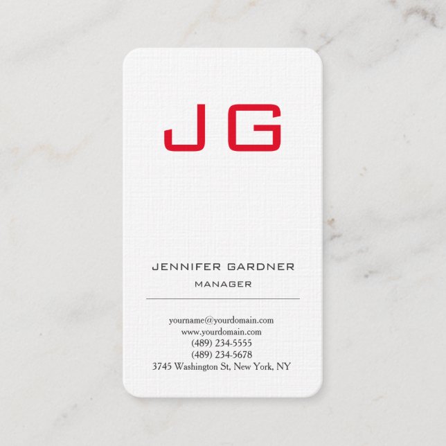 Premium linen trendy plain white red monogram business card (Front)