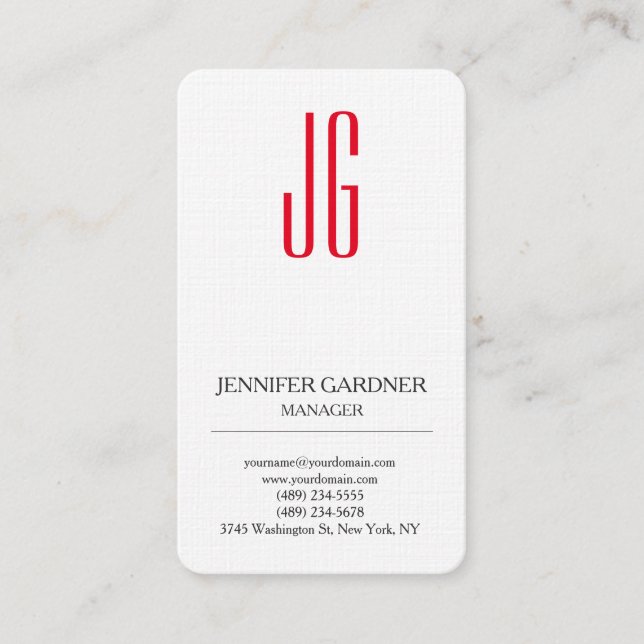 Premium linen trendy plain white red monogram business card (Front)