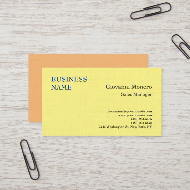 Premium Linen Yellow Minimalist Modern Plain Business Card (Front/Back In Situ)