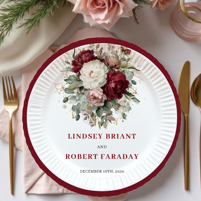 Premium Maroon Floral Greenery Gold Plates (Premium Maroon Floral Greenery Gold Plates)