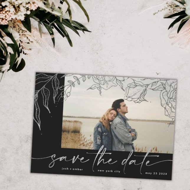 Premium | Modern Grey Forever Photo Silver Floral Save The Date (Creator Uploaded)
