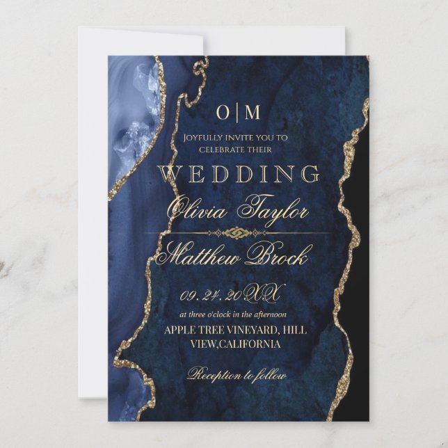 Premium Modern Moody Blue and Gold Wedding Invitation (Front)