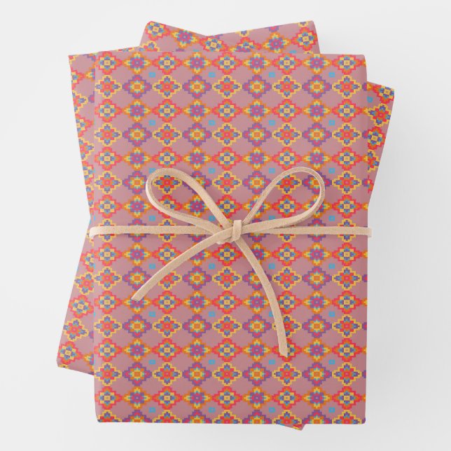 Premium Native American Geometric Floral Pattern Wrapping Paper Sheet (In situ)
