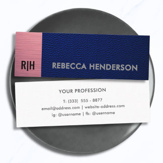 Premium Navy Blue Leather & Pink Panel Monogram Mini Business Card