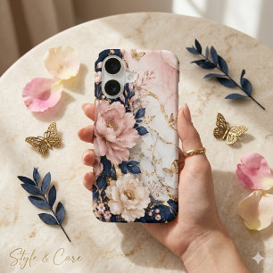 Premium Navy Blue & Pink Botanical Marble