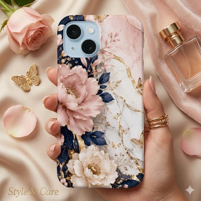 Premium Navy Blue & Pink Botanical Marble Case-Mate iPhone Case (Premium Navy Blue & Pink Botanical Marble iPhone 15 Case)