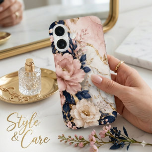 Premium Navy Blue & Pink Botanical Marble iPhone 16 Case