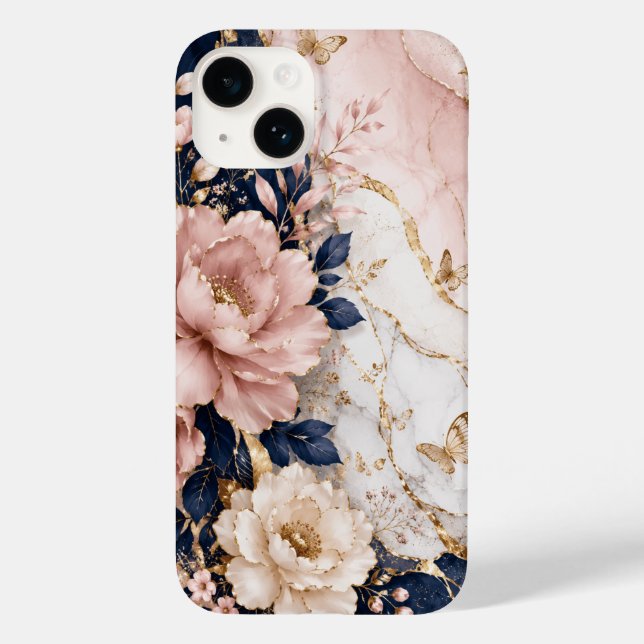 Premium Navy Blue & Pink Botanical Marble Case-Mate iPhone Case (Back)