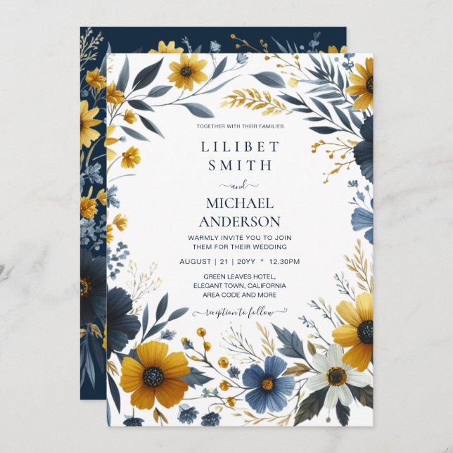 Premium Navy Blue Yellow Gold Floral Wedding Invitation (Front/Back)