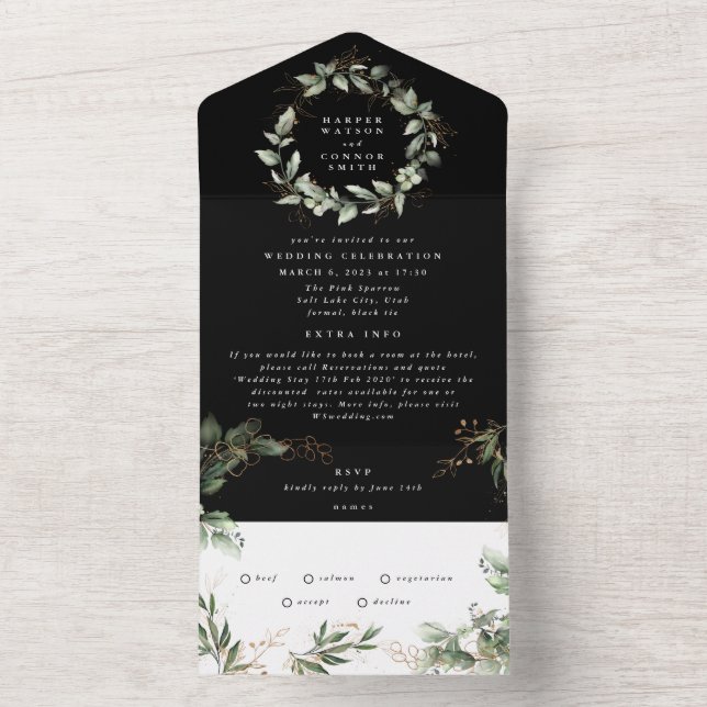 Premium Onyx Black Eucalyptus Wreath Wedding All In One Invitation (Inside)