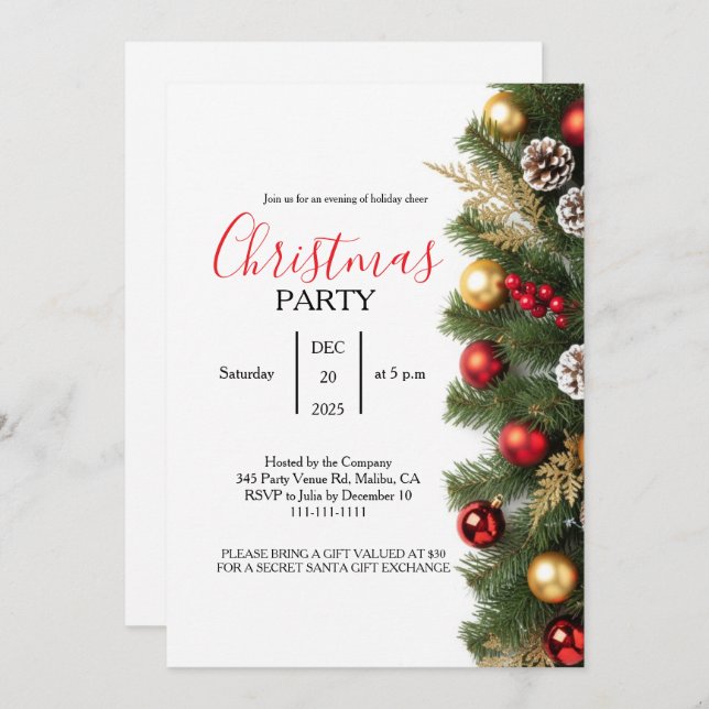 Premium Pine & Gold Office Christmas Party Gala Invitation (Front/Back)