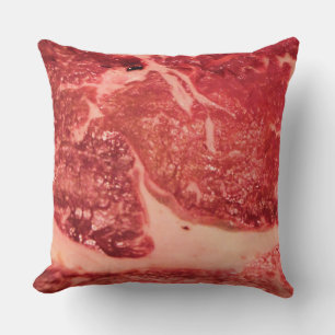 Premium Raw Red Meat   Marbled Steak Macro Photo Cushion