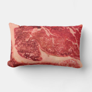 Premium Raw Red Meat   Marbled Steak Macro Photo Lumbar Cushion