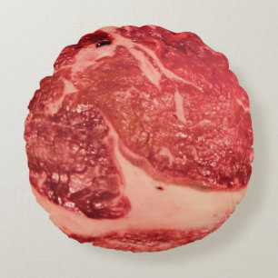 Premium Raw Red Meat   Marbled Steak Macro Photo Round Cushion