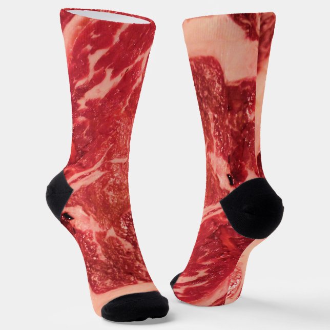 Premium Raw Red Meat | Marbled Steak Macro Photo Socks (Angled)