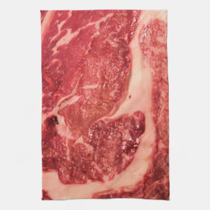 Premium Raw Red Meat   Marbled Steak Macro Photo Tea Towel