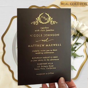 Premium Real Gold Elegant Monogram Black Wedding